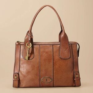Fossil Satchel Bag Large Structured Genuine Leather Double Strap Key Charm Brown